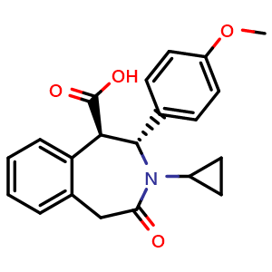 Chemical structure of (1R,2R)-3-cyclopropyl-2-(4-methoxyphenyl)-4-oxo-2,3,4,5-tetrahydro-1H-3-benzazepine-1-carboxylic acid , CAS 2202285-19-4, AChemBlock AD262982