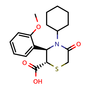 Chemical structure of (2S,3R)-4-cyclohexyl-3-(2-methoxyphenyl)-5-oxothiomorpholine-2-carboxylic acid , CAS 2202011-67-2, AChemBlock AD262983