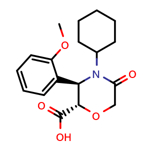 Chemical structure of (2S,3R)-4-cyclohexyl-3-(2-methoxyphenyl)-5-oxomorpholine-2-carboxylic acid , CAS 2319801-33-5, AChemBlock AD262984
