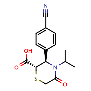Chemical structure of (2S,3R)-3-(4-cyanophenyl)-5-oxo-4-(propan-2-yl)thiomorpholine-2-carboxylic acid , CAS 2198400-00-7, AChemBlock AD262985