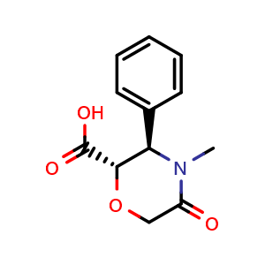Chemical structure of (2S,3R)-4-methyl-5-oxo-3-phenylmorpholine-2-carboxylic acid , CAS 1623078-94-3, AChemBlock AD262986