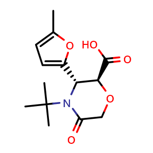 Chemical structure of (2S,3S)-4-tert-Butyl-3-(5-methylfuran-2-yl)-5-oxomorpholine-2-carboxylic acid , CAS 2309232-38-8, AChemBlock AD262988