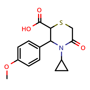 Chemical structure of 4-cyclopropyl-3-(4-methoxyphenyl)-5-oxothiomorpholine-2-carboxylic acid , CAS 2202285-23-0, AChemBlock AD262990