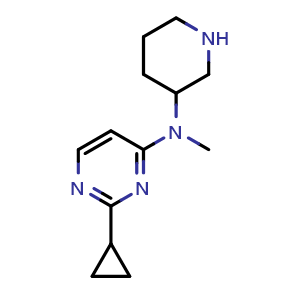 Chemical structure of 2-cyclopropyl-N-methyl-N-(piperidin-3-yl)pyrimidin-4-amine , CAS 3049388-73-7, AChemBlock AD263045