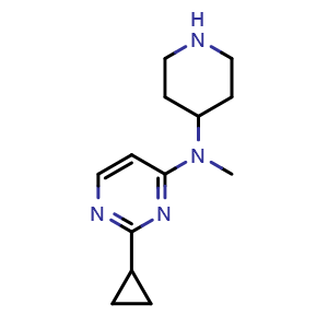 Chemical structure of 2-cyclopropyl-N-methyl-N-(piperidin-4-yl)pyrimidin-4-amine , CAS 3049388-87-3, AChemBlock AD263052