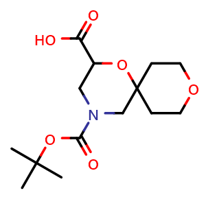 Chemical structure of 4-[(tert-Butoxy)carbonyl]-1,9-dioxa-4-azaspiro[5.5]undecane-2-carboxylic acid , CAS 2763776-12-9, AChemBlock AD263074