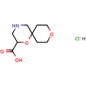 Chemical structure of 1,9-dioxa-4-azaspiro[5.5]undecane-2-carboxylic acid hydrochloride , CAS 3026677-36-8, AChemBlock AD263075