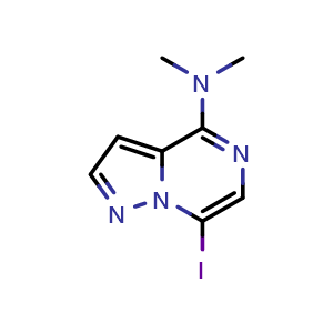 Chemical structure of 7-Iodo-N,N-dimethylpyrazolo[1,5-a]pyrazin-4-amine , CAS 3049389-38-7, AChemBlock AD263139