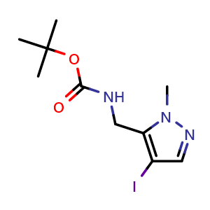 Chemical structure of tert-Butyl N-[(4-iodo-1-methyl-1H-pyrazol-5-yl)methyl]carbamate , CAS 2408969-37-7, AChemBlock AD263145