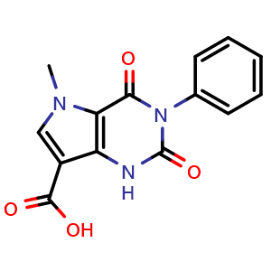 Chemical structure of 5-Methyl-2,4-dioxo-3-phenyl-2,3,4,5-tetrahydro-1H-pyrrolo[3,2-d]pyrimidine-7-carboxylic acid , CAS 1105191-05-6, AChemBlock AD263158