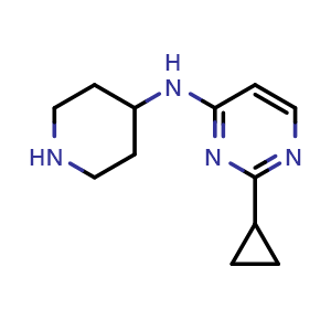 Chemical structure of 2-cyclopropyl-N-(piperidin-4-yl)pyrimidin-4-amine , CAS 1781927-46-5, AChemBlock AD263181