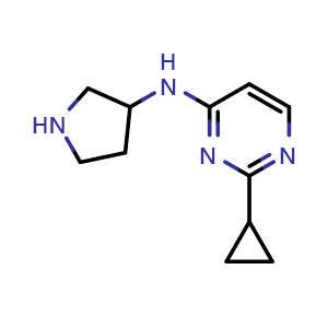Chemical structure of 2-cyclopropyl-N-(pyrrolidin-3-yl)pyrimidin-4-amine , CAS 1554257-92-9, AChemBlock AD263182