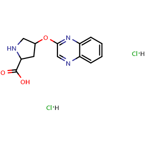 Chemical structure of 4-(Quinoxalin-2-yloxy)pyrrolidine-2-carboxylic acid dihydrochloride , AChemBlock AD263272