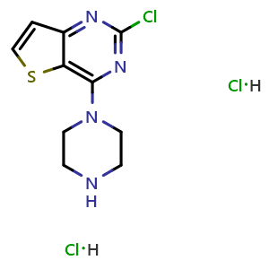 Chemical structure of 1-{2-Chlorothieno[3,2-d]pyrimidin-4-yl}piperazine dihydrochloride , CAS 3054562-34-1, AChemBlock AD263273