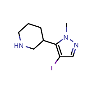 Chemical structure of 3-(4-iodo-1-methyl-1H-pyrazol-5-yl)piperidine , CAS 3066715-35-0, AChemBlock AD263313