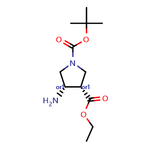Chemical structure of Cis-1-tert-butyl 3-ethyl 4-aminopyrrolidine-1,3-dicarboxylate , CAS 1233543-62-8, AChemBlock AD263335