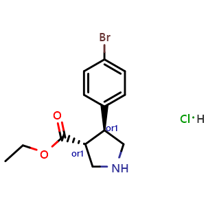 Chemical structure of trans-Ethyl-4-(4-bromophenyl)-3-pyrrolidinecarboxylate hydrochloride , CAS 1241918-66-0, AChemBlock AD263344