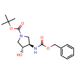 Chemical structure of (3R,4R)-tert-Butyl 3-hydroxy-4-(phenylmethoxycarbonylamino)pyrrolidine-1-carboxylate , CAS 952443-93-5, AChemBlock AD263367