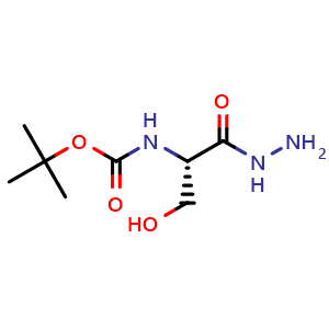 Chemical structure of (S)-tert-Butyl (1-hydrazinyl-3-hydroxy-1-oxopropan-2-yl)carbamate , CAS 2766-42-9, AChemBlock AD263377