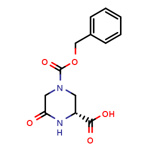 Chemical structure of (R)-4-(benzyloxycarbonyl)-6-oxopiperazine-2-carboxylic acid , CAS 2869869-79-2, AChemBlock AD263382