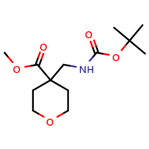 Chemical structure of methyl 4-[[(2-methylpropan-2-yl)oxycarbonylamino]methyl]oxane-4-carboxylate , CAS 2383406-59-3, AChemBlock AD263389