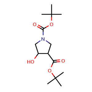 Chemical structure of tert-Butyl 3-(tert-Butoxycarbonyl)-4-hydroxypyrrolidine-1-carboxylate , CAS 797038-36-9, AChemBlock AD263393