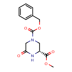Chemical structure of (R)-1-benzyl 3-methyl 5-oxopiperazine-1,3-dicarboxylate , AChemBlock AD263412