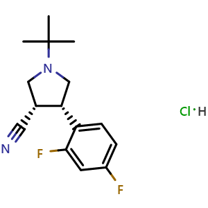 Chemical structure of (3S,4S)-1-tert-Butyl-4-(2,4-difluorophenyl)pyrrolidine-3-carbonitrile hydrochloride , AChemBlock AD263417