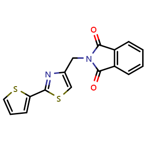 Chemical structure of 2-((2-(Thiophen-2-yl)thiazol-4-yl)methyl)isoindoline-1,3-dione , CAS 688738-49-0, AChemBlock AD263438