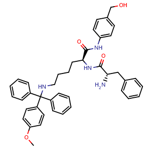 Chemical structure of (S)-2-((S)-2-Amino-3-phenylpropanamido)-N-(4-(hydroxymethyl)phenyl)-6-(((4-methoxyphenyl)diphenylmethyl)amino)hexanamide , CAS 159857-64-4, AChemBlock AD263516