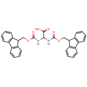 Chemical structure of 2,2-Bis((((9H-fluoren-9-yl)methoxy)carbonyl)amino)acetic acid , CAS 668492-50-0, AChemBlock AD263528