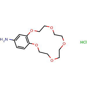 Chemical structure of 2,3,5,6,8,9,11,12-octahydrobenzo[b][1,4,7,10,13]pentaoxacyclopentadecin-15-amine hydrochloride , CAS 111076-66-5, AChemBlock AD263603