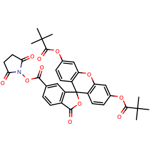 Chemical structure of 6-(((2,5-Dioxopyrrolidin-1-yl)oxy)carbonyl)-3-oxo-3H-spiro[isobenzofuran-1,9'-xanthene]-3',6'-diyl bis(2,2-dimethylpropanoate) , CAS 197850-75-2, AChemBlock AD263632