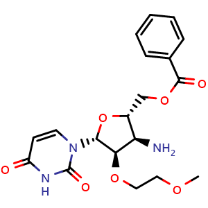 Chemical structure of rac-((2R,3S,4S,5S)-3-amino-5-(2,4-dioxo-3,4-dihydropyrimidin-1(2H)-yl)-4-(2-methoxyethoxy)tetrahydrofuran-2-yl)methyl benzoate , CAS 2299277-73-7, AChemBlock AD263636