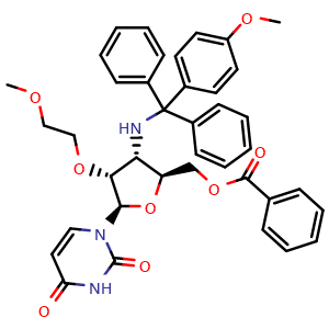 Chemical structure of rac-((2R,3S,4S,5S)-5-(2,4-dioxo-3,4-dihydropyrimidin-1(2H)-yl)-4-(2-methoxyethoxy)-3-(((4-methoxyphenyl)diphenylmethyl)amino)tetrahydrofuran-2-yl)methyl benzoate , CAS 2299277-74-8, AChemBlock AD263637