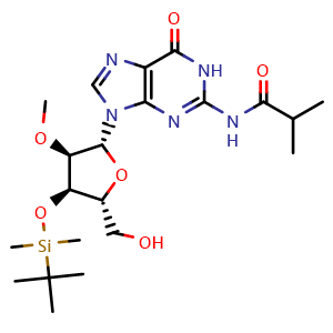Chemical structure of 3'-O-[(1,1-dimethylethyl)dimethylsilyl]-2'-O-methyl-N-(2-methyl-1-oxopropyl)-guanosine , CAS 863097-97-6, AChemBlock AD263641