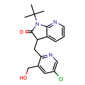 Chemical structure of 1-(tert-Butyl)-3-((5-chloro-3-(hydroxymethyl)pyridin-2-yl)methyl)-1,3-dihydro-2H-pyrrolo[2,3-b]pyridin-2-one , CAS 1455358-11-8, AChemBlock AD263646