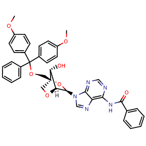 Chemical structure of (1S,3R,4S,7R)-1-[[(4,4'-dimethoxytrityl)oxy]methyl]-7-hydroxy-3-(6-N-benzoyladenin-9-yl)-2,5-dioxabicyclo[2.2.1]heptane , CAS 341536-51-4, AChemBlock AD263653