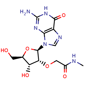 Chemical structure of 2-(((2R,3R,4R,5R)-2-(2-amino-6-oxo-1,6-dihydro-9H-purin-9-yl)-4-hydroxy-5-(hydroxymethyl)tetrahydrofuran-3-yl)oxy)-N-methylacetamide , CAS 1025783-28-1, AChemBlock AD263655