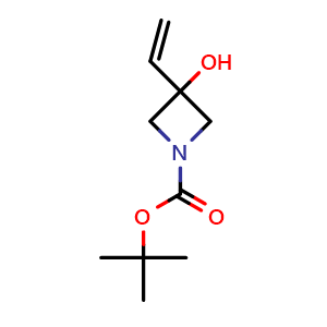 Chemical structure of 3-Hydroxy-3-vinyl-azetidine-1-carboxylic acid tert-butyl ester , CAS 398489-51-5, AChemBlock AD263732