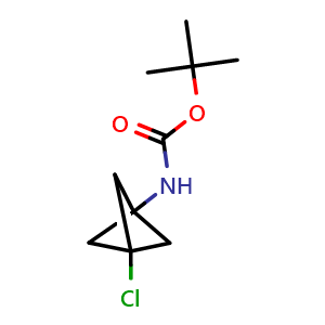 Chemical structure of (3-Chloro-bicyclo[1.1.1]pent-1-yl)-carbamic acid tert-Butyl ester , CAS 1886967-75-4, AChemBlock AD263741
