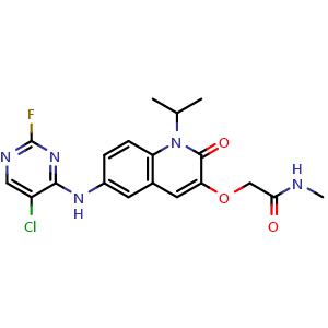 Chemical structure of 2-((6-((5-chloro-2-fluoropyrimidin-4-yl)amino)-1-isopropyl-2-oxo-1,2-dihydroquinolin-3-yl)oxy)-N-methylacetamide , CAS 2851890-83-8, AChemBlock AD263920