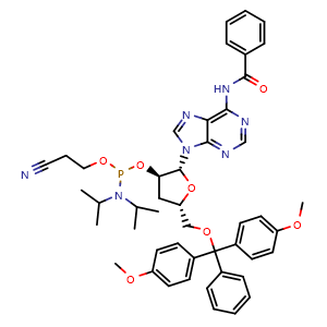 Chemical structure of N6-Bz-5'-O-DMTr-3'-deoxyadenosine-2'-O-CED-phosphoramidite , CAS 207347-42-0, AChemBlock AD263979