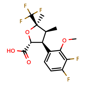Chemical structure of (2R,3S,4S,5R)-3-(3,4-difluoro-2-methoxyphenyl)-4,5-dimethyl-5-(trifluoromethyl)tetrahydrofuran-2-carboxylic acid , CAS 2649470-87-9, AChemBlock AD265845