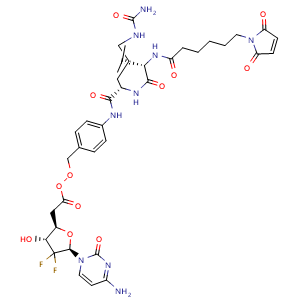 Chemical structure of 4-((S)-2-((S)-2-(6-(2,5-dioxo-2,5-dihydro-1H-pyrrol-1-yl)hexanamido)-3-methylbutanamido)-5-ureidopentanamido)benzyl 2-((2R,3R,5R)-5-(4-amino-2-oxopyrimidin-1(2H)-yl)-4,4-difluoro-3-hydroxytetrahydrofuran-2-yl)ethaneperoxoate , CAS 1639430-82-2, AChemBlock AD265866