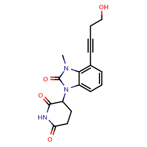 Chemical structure of 3-[4-(4-Hydroxybut-1-ynyl)-3-methyl-2-oxobenzo[d]imidazol-1-yl]hexahydropyridine-2,6-dione , CAS 2360518-94-9, AChemBlock AD265877