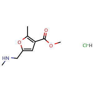 Chemical structure of Methyl 2-methyl-5-[(methylamino)methyl]furan-3-carboxylate hydrochloride , CAS 1052546-53-8, AChemBlock AD265908