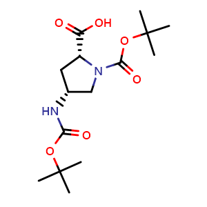 Chemical structure of (2R,4R)-1-Boc-4-(Boc-amino)pyrrolidine-2-carboxylic acid , CAS 1574305-50-2, AChemBlock AD265981