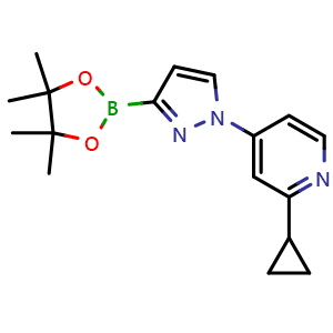 Chemical structure of 1-(2-Cyclopropyl-4-pyridyl)-1H-pyrazole-3-boronic acid pinacol ester , CAS 2223055-72-7, AChemBlock AD266025