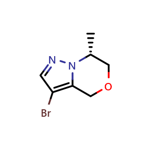 Chemical structure of (R)-3-Bromo-7-methyl-6,7-dihydro-4H-pyrazolo[5,1-c][1,4]oxazine , CAS 2379242-00-7, AChemBlock AD266045